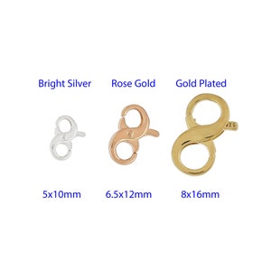 May include: Three silver, rose gold, and gold plated lobster clasps in different sizes. The clasps are 5x10mm, 6.5x12mm, and 8x16mm.