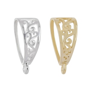 Extra-Large Sterling Silver Filigree Pendant Bail / Clasp / Slider, Fit Up To 15mm Cuban / Rope Chain, Available In Bright / Gold Plated