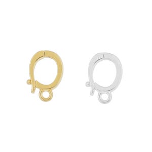 May include: Two jewelry clasps, one in a gold tone and one in a silver tone. Each clasp features a U-shaped body with a spring-loaded mechanism, a small ball-tipped lever for opening, and a circular jump ring attached at the bottom for connection.