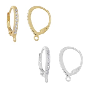 May include: Four lever-back earrings in gold and silver tones. Two gold earrings with a row of small, clear stones. The other two earrings are silver, one with a row of clear stones and one plain.