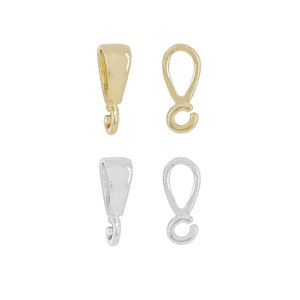 May include: Four pendant bails, two gold and two silver. The bails are shaped like a 'C' with a loop at the top.