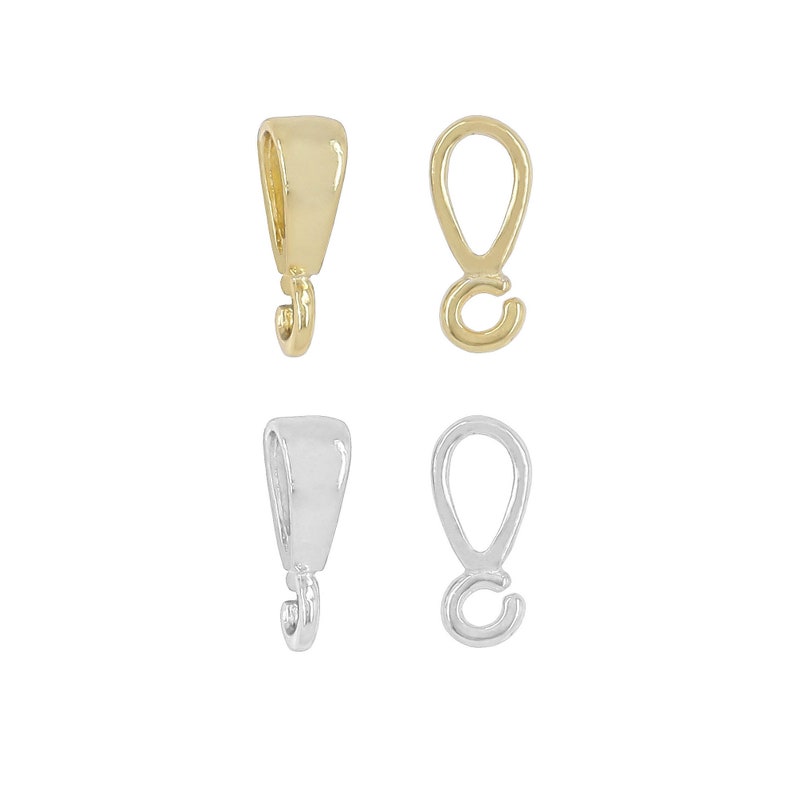 May include: Four pendant bails, two gold and two silver. The bails are shaped like a 'C' with a loop at the top.