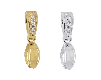 1PC Sterling Silver CZ Pendant Bail Pinch Clasp Connector Slider , Available in Bright Silver / Gold Plated