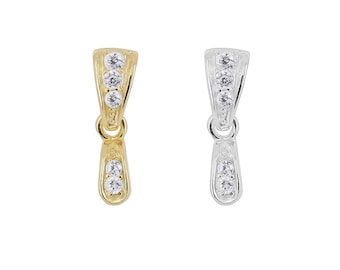 1PC Sterling Silver CZ Pendant Bail Pinch Clasp Connector, Available in Bright Silver / Gold Plated