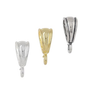 May include: Three pendant bails in silver, gold, and rhodium finishes. Each bail has a loop at the bottom for attaching a pendant.
