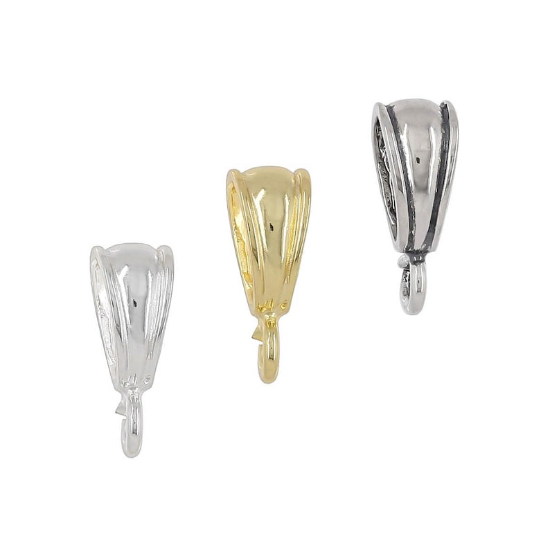 May include: Three pendant bails in silver, gold, and rhodium finishes. Each bail has a loop at the bottom for attaching a pendant.