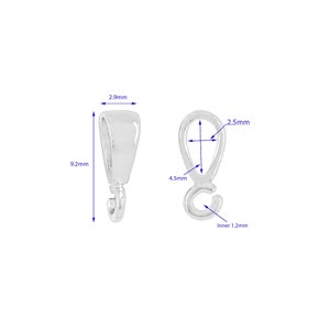 May include: Silver-toned pendant bail with a 9.2mm length, 2.9mm width, and 4.5mm height. The bail has a 2.5mm opening and a 1.2mm inner diameter.