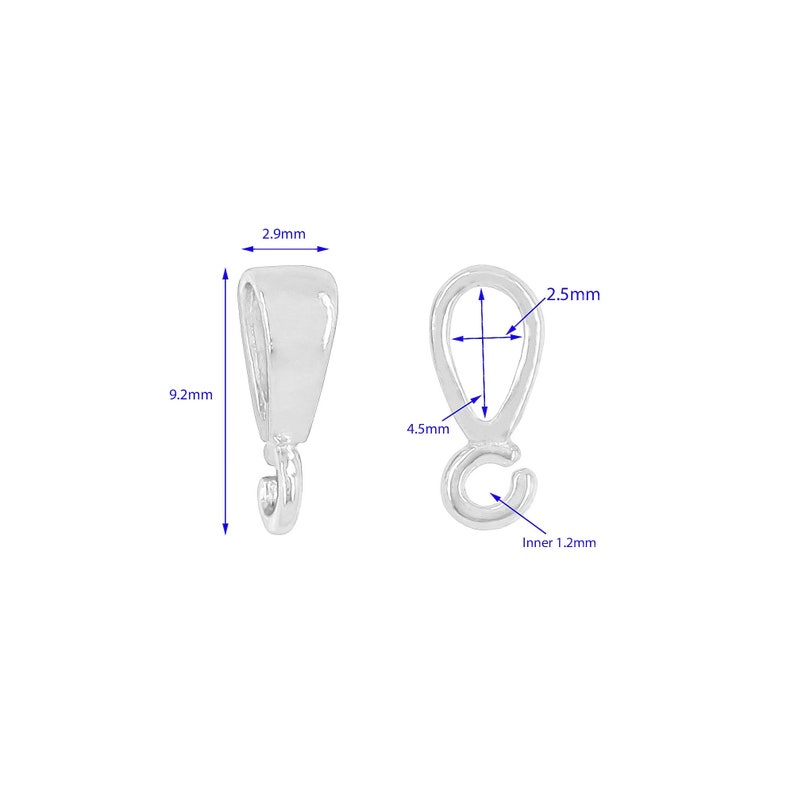 May include: Silver-toned pendant bail with a 9.2mm length, 2.9mm width, and 4.5mm height. The bail has a 2.5mm opening and a 1.2mm inner diameter.