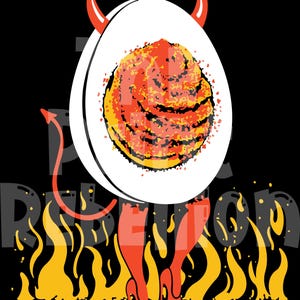 May include: A graphic illustration of a deviled egg with devil horns and a tail, standing on flames. The egg yolk is a vibrant orange and red, and the legs are wearing red high heels. The background is black, and the text "PERFECTION" is partially visible.