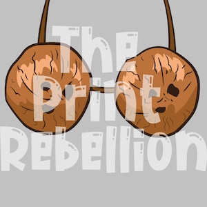 以下が含まれることがあります： 茶色い丸い2つの物体が胸のように描かれた漫画イラスト。茶色の線と茎で繋がれている。「The Print Rebellion」の文字が白でグレーの背景に重ねて表示されている。