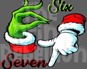 Può includere: Illustrazione di cartone animato con due mani. Una è verde con finiture in pelliccia bianca e fascia rossa, l'altra è una mano guantata bianca con un cappello rosso e finiture in pelliccia bianca. La parola "Six" è sopra la mano bianca e la parola "Seven" sotto.