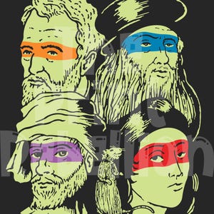 May include: A graphic design featuring four Renaissance figures with colored eye masks, reminiscent of the Teenage Mutant Ninja Turtles. The figures are set against a black background, with a rat in the center.