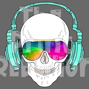 May include: Illustration of a white skull wearing turquoise headphones and rainbow-coloured sunglasses. The image has a grey background with the word "REBEL" in large, stylised letters.