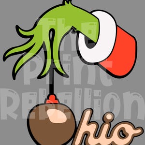 May include: A cartoon illustration of a green hand in a red and white sleeve holding a brown ornament. The word "Ohio" is written in a light brown color below the ornament. The background is gray.