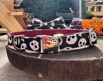 Handmade Halloween Dog Collar: Skull Cotton Pet Collar, UK Made