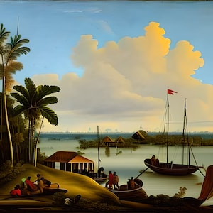 Może przedstawiać: Obraz olejny przedstawiający tropikalny krajobraz z akwenem, łodziami i ludźmi. Na brzegu widoczne są palmy i budynki. Niebo to mieszanka odcieni niebieskiego i żółtego, z puszystymi chmurami.