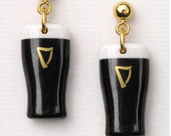 Guinness stout beer clay earrings, funny irish pint jewellery, unique st patricks day gift, novelty alcohol dangles, cute drink present