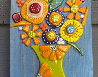 Fused glass flower vase 7.5” blue