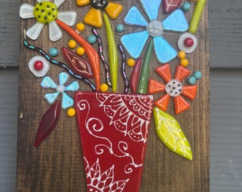 Fused glass blue vase of flowers