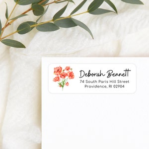 Red Poppies Address Labels, Personalized Self - Adhesive Return Address Stickers, Custom Set of 30 Address Labels
