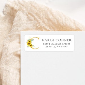 Sunflower Monogram Return Address Labels, Personalized Self - Adhesive Return Address Stickers, Custom Set of 30 Address Labels