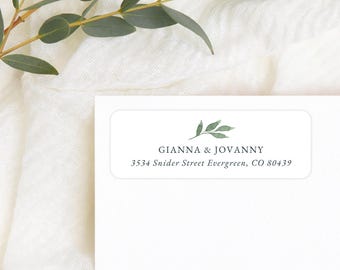 Minimalist Greenery Return Address Labels, Rustic Personalized Self - Adhesive Return Address Stickers, Custom Set of 30 Address Labels