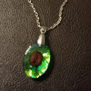 Coffee bean and opal effect resin pendant necklace