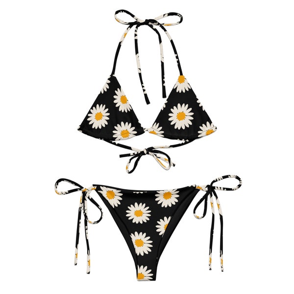 Gouache Daisy Floral Print Schwarzer String-Bikini