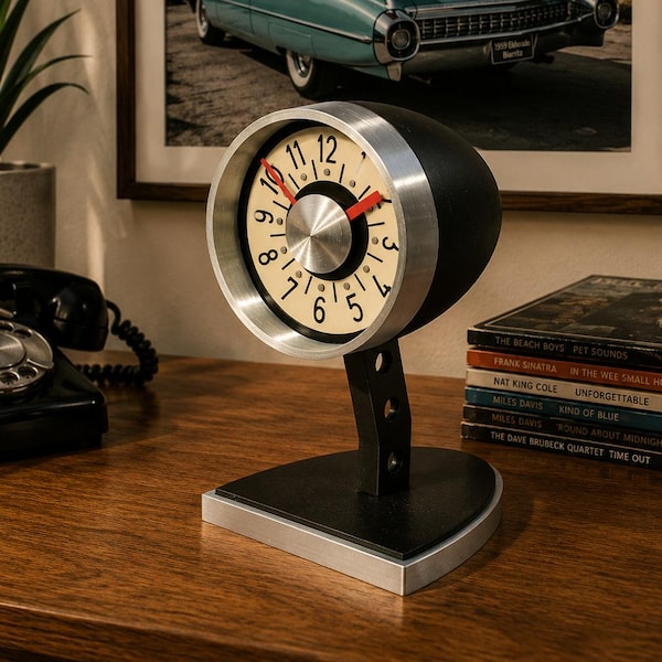 Mid Century Modern Desk Clock – Vintage Gauge Inspired Retro Atomic Clock