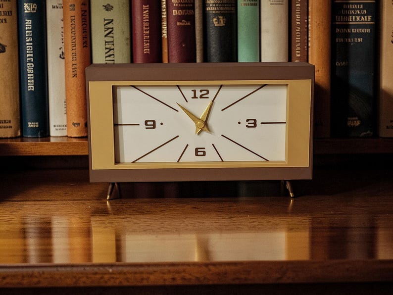 Retro mid century modern desk clock with minimalist white dial