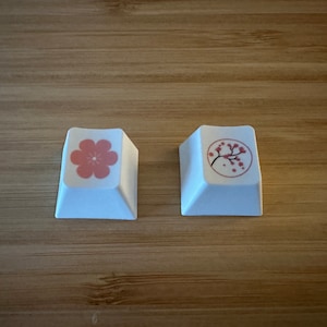 May include: Two white keycaps with pink floral designs. One keycap features a single pink flower, while the other has a pink cherry blossom branch.