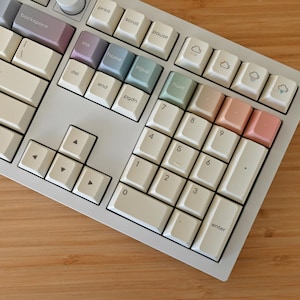 May include: A white mechanical keyboard with a variety of pastel-colored keycaps. The keyboard has a number pad and a variety of function keys. The keys are a mix of off-white and pastel colors, including pink, blue, and green.
