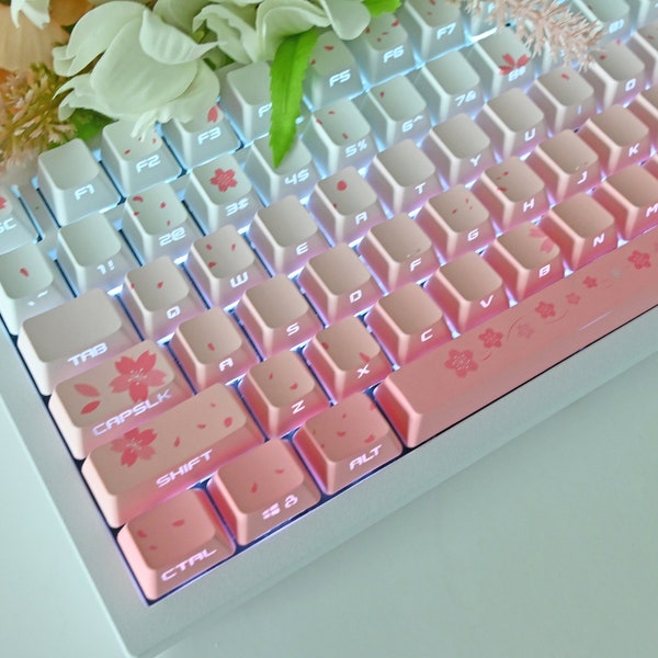 Backlit Soft Pink Cherry Blossom Keycap Set for Mechanical Keyboard | Translucent RGB | Side Print | 133 keys | OEM Profile | PBT Material