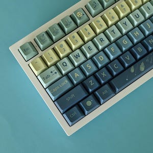 May include: A white mechanical keyboard with blue, green, and yellow keycaps. The keys have a gradient colour scheme, with the top row being yellow, the middle row being green, and the bottom row being blue. The keys have a variety of symbols and letters printed on them, including the letters "Esc", "Tab", "Caps Lock", "Shift", "Ctrl", and "Alt".