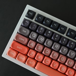 May include: A white mechanical keyboard with a gradient of brown, pink, and orange keycaps. The keys are labeled with the standard QWERTY layout and include function keys, arrow keys, and a number pad.