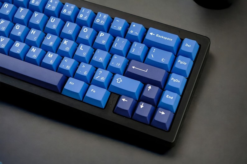 K&ouml;nnte beinhalten: Nahaufnahme einer mechanischen Tastatur mit blauen Tasten und einem schwarzen Rahmen. Die Tasten haben wei&szlig;e Buchstaben und japanische Schriftzeichen. Die Leertaste und die Pfeiltasten sind dunkelblau.