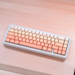 K&ouml;nnte beinhalten: Eine wei&szlig;e und hellrosa Tastatur mit einem Farbverlauf. Die Tasten sind mit dem Standardalphabet und den Zifferntasten beschriftet. Die Tastatur hat einen wei&szlig;en Rahmen und eine hellrosa Basis.