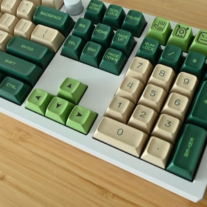 May include: A mechanical keyboard featuring a white frame and a color scheme of cream, dark green, and light green keycaps. The keys include standard alphanumeric characters, a numeric keypad, and custom icons like a hand, alien, and faces.