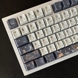 Può includere: Una tastiera meccanica bianca con tasti neri che presentano caratteri giapponesi e illustrazioni. La tastiera ha una cornice argentata e tasti neri e bianchi con una varietà di disegni, tra cui una luna, onde e fiori.