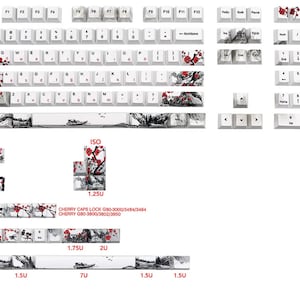 May include: A set of white mechanical keyboard keycaps with a black and white floral design featuring red blossoms. The keycaps are labeled with the standard keyboard layout, including function keys, number keys, and arrow keys. The keycaps are available in different sizes, including 1.5U, 1.75U, 2U, and 7U. The keycaps are compatible with Cherry MX switches.