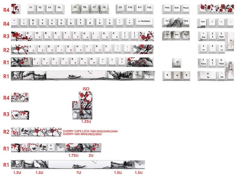 May include: A set of white mechanical keyboard keycaps with a black and white floral design featuring red blossoms. The keycaps are labeled with the standard keyboard layout, including function keys, number keys, and arrow keys. The keycaps are available in different sizes, including 1.5U, 1.75U, 2U, and 7U. The keycaps are compatible with Cherry MX switches.