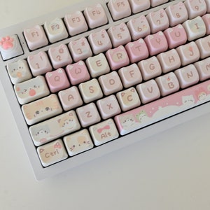 Cute Pink Cat Cafe Theme Custom Keycap Set for Mechanical Keyboard | 138 keys | MAO Profile | MX Switch Type | PBT Material | Cute Gift