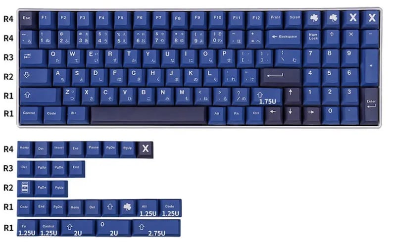 K&ouml;nnte beinhalten: Eine blaue mechanische Tastatur mit wei&szlig;er Beschriftung und japanischen Zeichen. Die Tastatur hat eine Vielzahl von Funktionstasten und eine dunkelblaue Leertaste. Zus&auml;tzliche Tastenkappen werden unterhalb der Tastatur angezeigt.