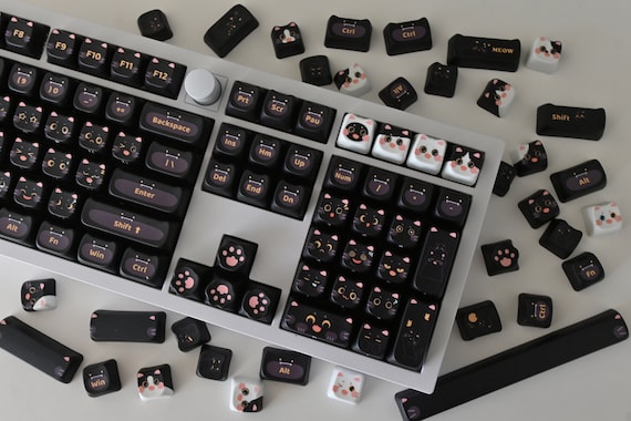 Milky Black Cat Gaming Keycap Set: MAO Profile, PBT