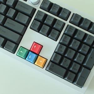 May include: A mechanical keyboard with grey keycaps and a white frame. The keyboard has a number pad and coloured arrow keys. The arrow keys are red, green, blue, and yellow. The keys are arranged in a standard layout.