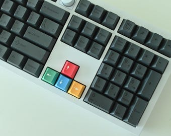 Peut inclure: Gros plan sur un clavier mécanique avec des touches grises et un cadre blanc. Le clavier comporte un pavé numérique et des touches fléchées colorées, dont le rouge, le vert, le bleu et le jaune. Les touches sont disposées en standard.