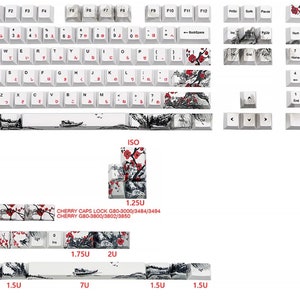 May include: A set of white keyboard keycaps with a Japanese-inspired design featuring black ink brushstrokes and red blossoms. The keycaps are labeled with the standard keyboard layout, including function keys, number keys, and letter keys. The keycaps are arranged in rows, with the top row labeled R4, the second row labeled R3, the third row labeled R2, and the bottom row labeled R1. The keycaps are also labeled with the size of each keycap in units (U).