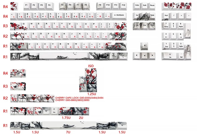 May include: A set of white keyboard keycaps with a Japanese-inspired design featuring black ink brushstrokes and red blossoms. The keycaps are labeled with the standard keyboard layout, including function keys, number keys, and letter keys. The keycaps are arranged in rows, with the top row labeled R4, the second row labeled R3, the third row labeled R2, and the bottom row labeled R1. The keycaps are also labeled with the size of each keycap in units (U).