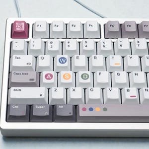 May include: A mechanical keyboard with white keycaps and a silver frame. The "ESC" key is magenta, and the "A", "S", "D", and "W" keys are colored. The keyboard has a light blue cable. The keyboard is a computer peripheral.