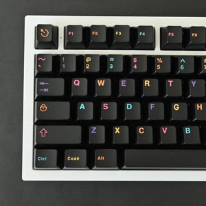 Puede incluir: Un teclado blanco y negro con un marco blanco. Las teclas tienen teclas negras con símbolos y letras de colores. El teclado tiene una fila de teclas de función, una fila de números, una fila de letras y una fila inferior con teclas como Ctrl, Code y Alt.